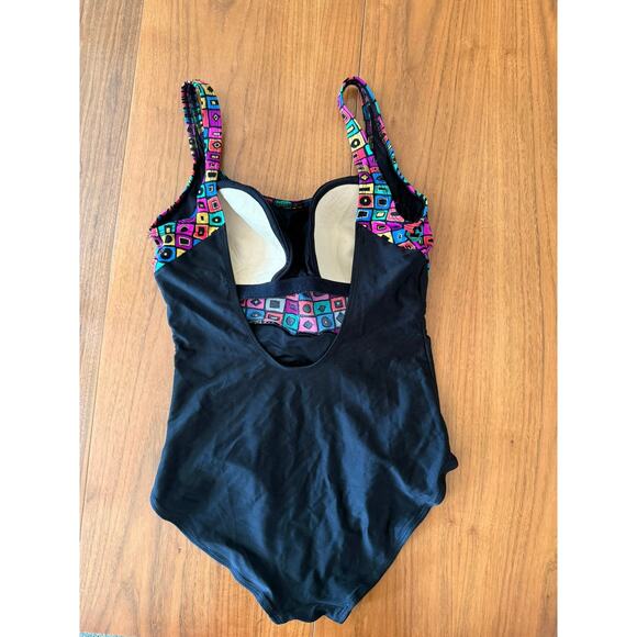 Vintage 80s Oscar de la Renta Swimsuit Size 16 Geometric Metallic Slimming - Picture 6 of 11